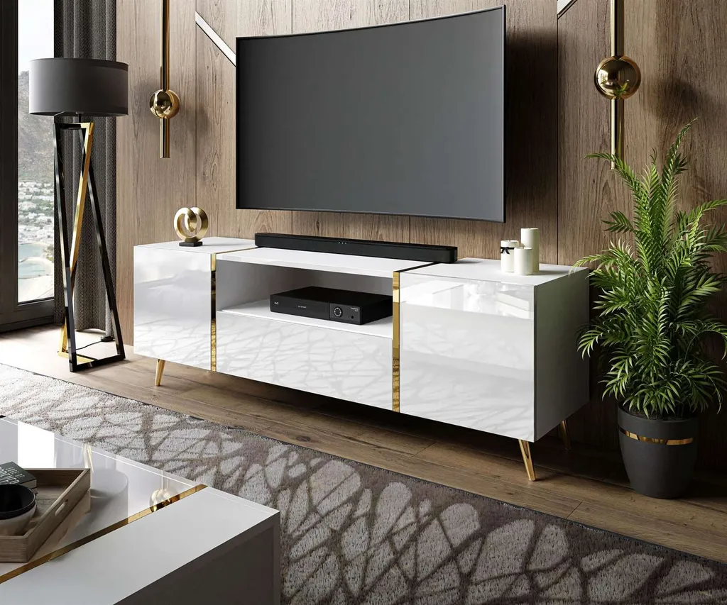 TV-Schrank ONYX auf goldenen Beinen Hochglanz 158 cm Weiß / Weiß hochglanz Push-to-Open System